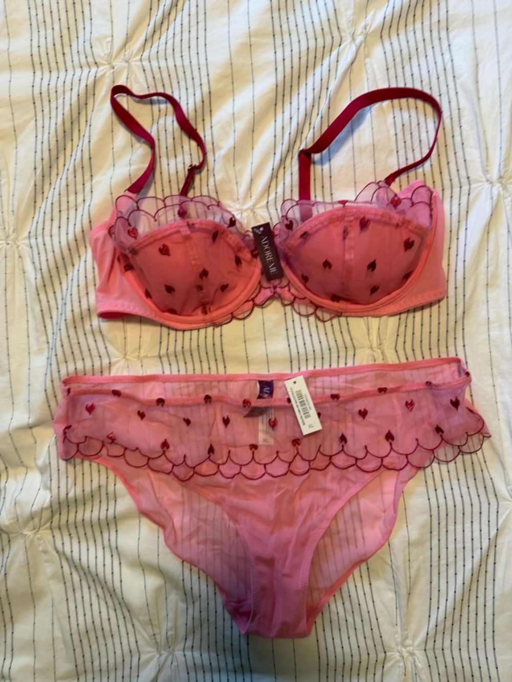 Adore Me Pink Heart Embroidered Lingerie set 38C/XL panty - Picture 3 of 4